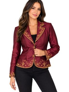 IXE Women Burgundy Silk Gold Embroidered Blazer Jacket M Dark Academia Baroque